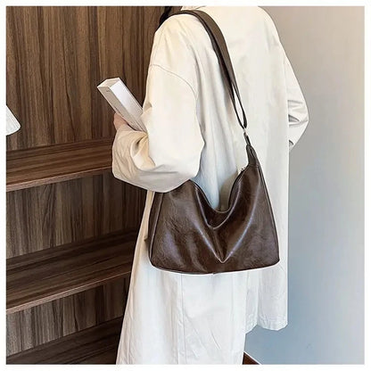 PU Leather Commuter Fashion Vintage Casual Tote Bag Maillard Stylish Crossbody Bags for Women Texture Large Capacity Temperament