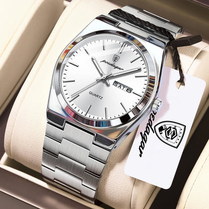 POEDAGAR Exquisite Business Men Watch Stainless Steel Waterproof Luminous Man Wristwatch Date Week Classic Men's Quartz Watches