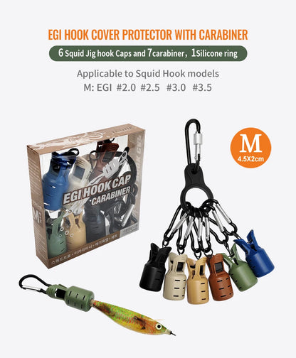 New Squid Jig Bait Protector Kit Size M 6pcs Webfoot Octopus Egi Hooks Cover Cuttlefish Umbrella Lure Cap with Carabiner