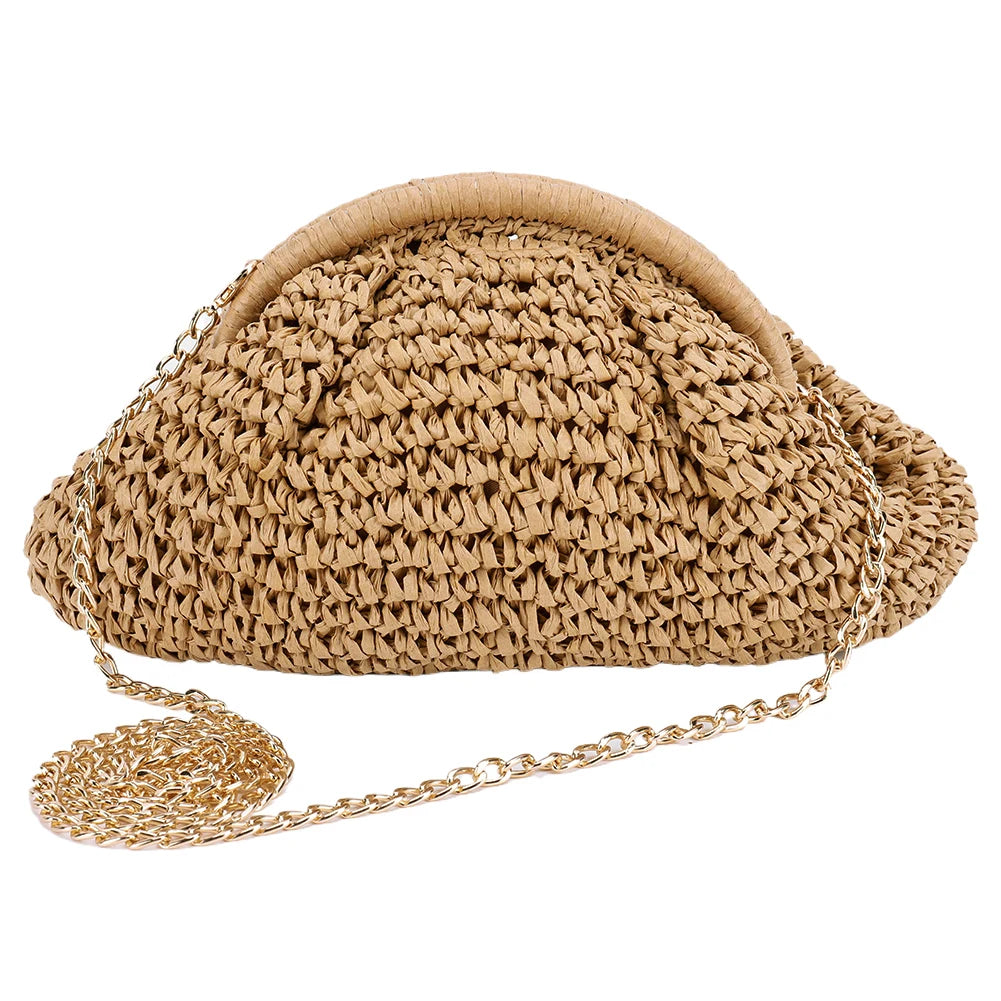 Women Straw Woven Bag Chain Strap Straw Clutch Purse Large Capacity Stylish Crossbody Bag Solid Color for Summer Beach
