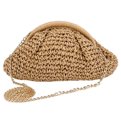 Women Straw Woven Bag Chain Strap Straw Clutch Purse Large Capacity Stylish Crossbody Bag Solid Color for Summer Beach