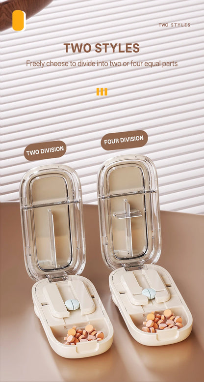 Pill Cutter & Storage Box – Quartering 1/2/1/31/4 Splitter, Portable Dustproof Tablet Divider Organizer with Crusher
