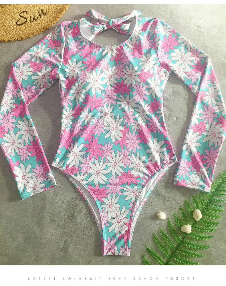 2025 New Swimwear Women Print Floral One Piece Swimsuit Long Sleeve Bathing Suit Swimsuit Vintage Beachwear Surfing Swim Suit