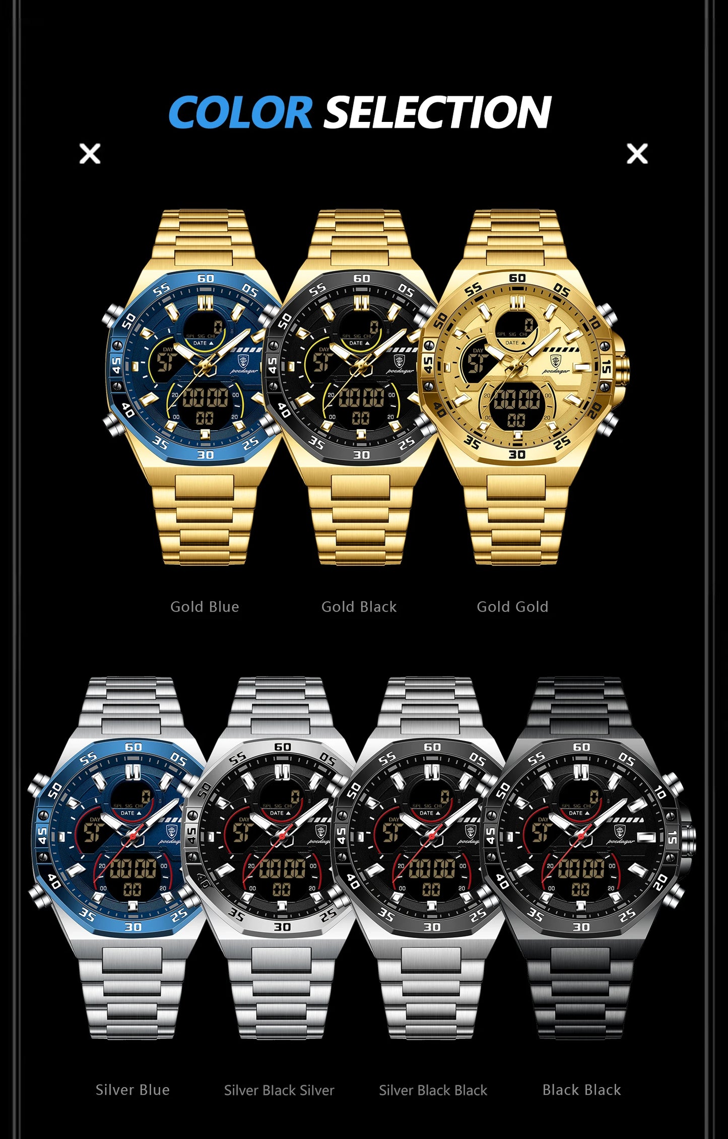 POEDAGAR Top Men Clock LED Luminous Waterproof Week Date Military Man Wristwatch Electronic Stainless Steel Quartz Men's Watches