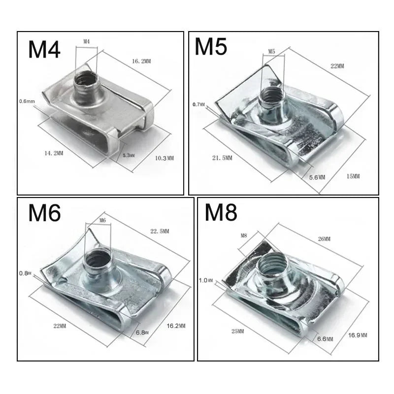 10pcs U Type Clips with Thread M6 M5 M4 M8 8mm 5mm 6mm 4mm Reed Nuts for Car Motorcycle Scooter ATV Moped