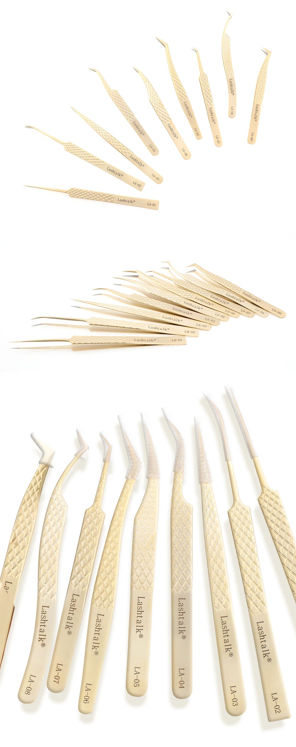 Lashtalk Precision Fiber Tip Tweezer Eyelash Extensions Diamond Grip Anti-Slip Premium Gold Stainless Steel Makeup With Box Pack