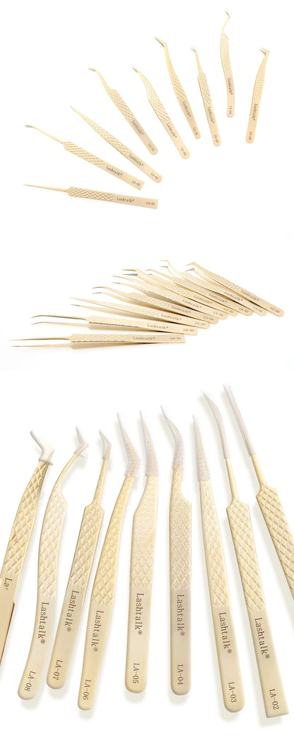 Lashtalk Precision Fiber Tip Tweezer Eyelash Extensions Diamond Grip Anti-Slip Premium Gold Stainless Steel Makeup With Box Pack
