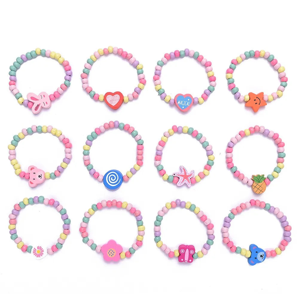 12Pcs/Pack Color Bracelet Cartoon Children Wooden Beads for Girl Birthday Party Favors Baby Shower Guest Gifts Pinata Fillers