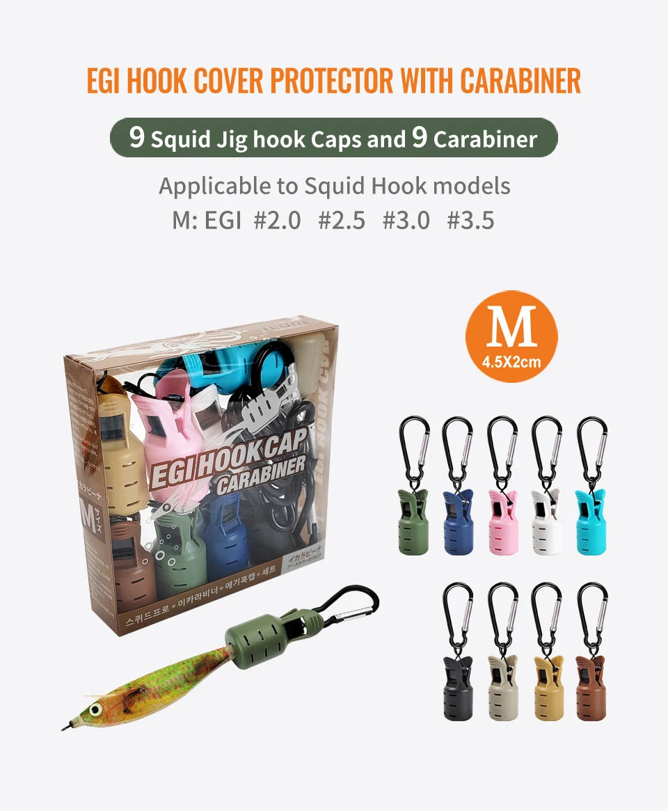 9PCS Squid Jig Protector Webfoot Octopus Egi Hook Cover Cuttlefish Umbrella Lure Cap Wood Shrimp Bait Accessories with Carabiner