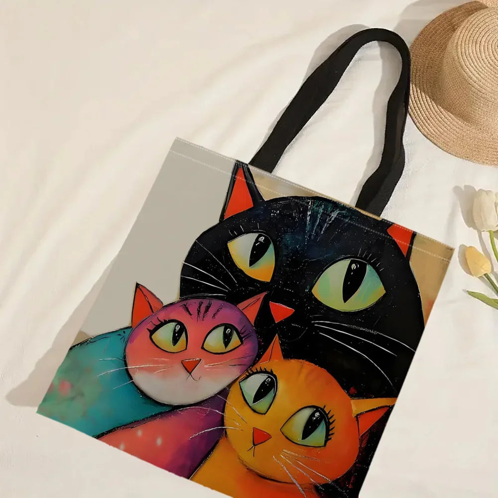 1pc Stacked Cat Handbag, Reusable Fashionable Handbag, Multifunctional Handbag, Printed Canvas Shopping Bag