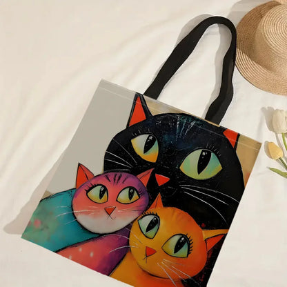 1pc Stacked Cat Handbag, Reusable Fashionable Handbag, Multifunctional Handbag, Printed Canvas Shopping Bag