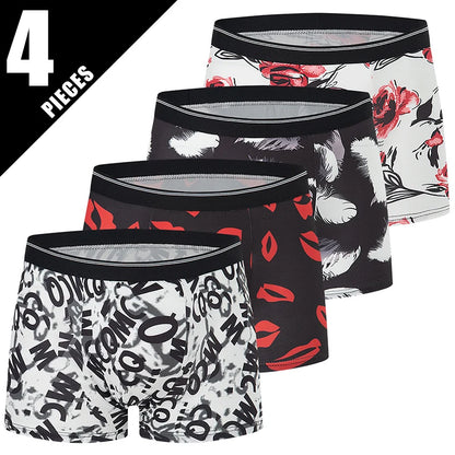 4 Pieces European and American Size MEN'S FASHION Printed Boxer Underwear Comfortable Swimming Trunks Oversized Underwear Shorts