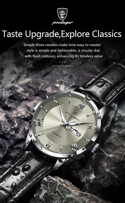 POEDAGAR Business Brand Men Clock Waterproof Luminous Date Week Fashion Man Wristwatch Leather Luxury Men's Quartz Watches Reloj