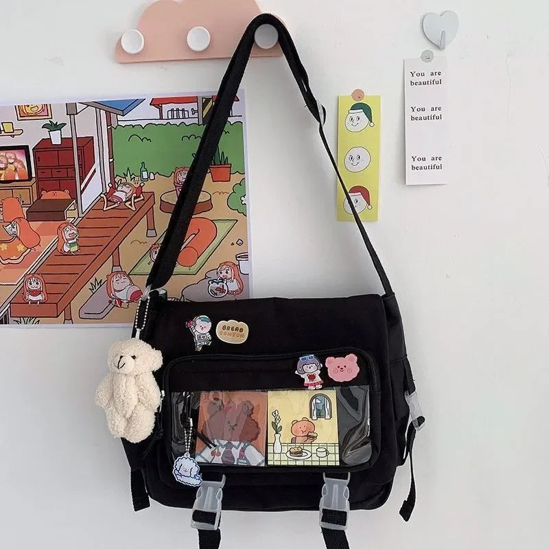 Large capacity student class crossbody canvas bag, women's versatile new Japanese Harajuku solid color mailman shoulder tote bag