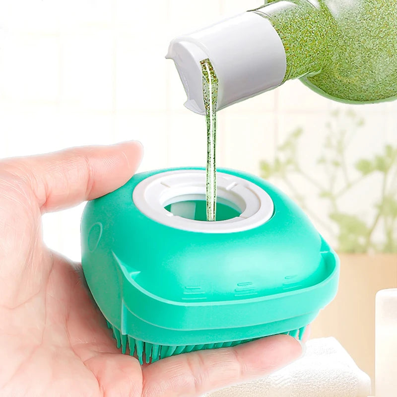 Dog Bathing Brush Pet Massage Brush Shampoo Dispenser Soft Silicone Brush Rubber Bristle for Dogs and Cats Shower Grooming Tool