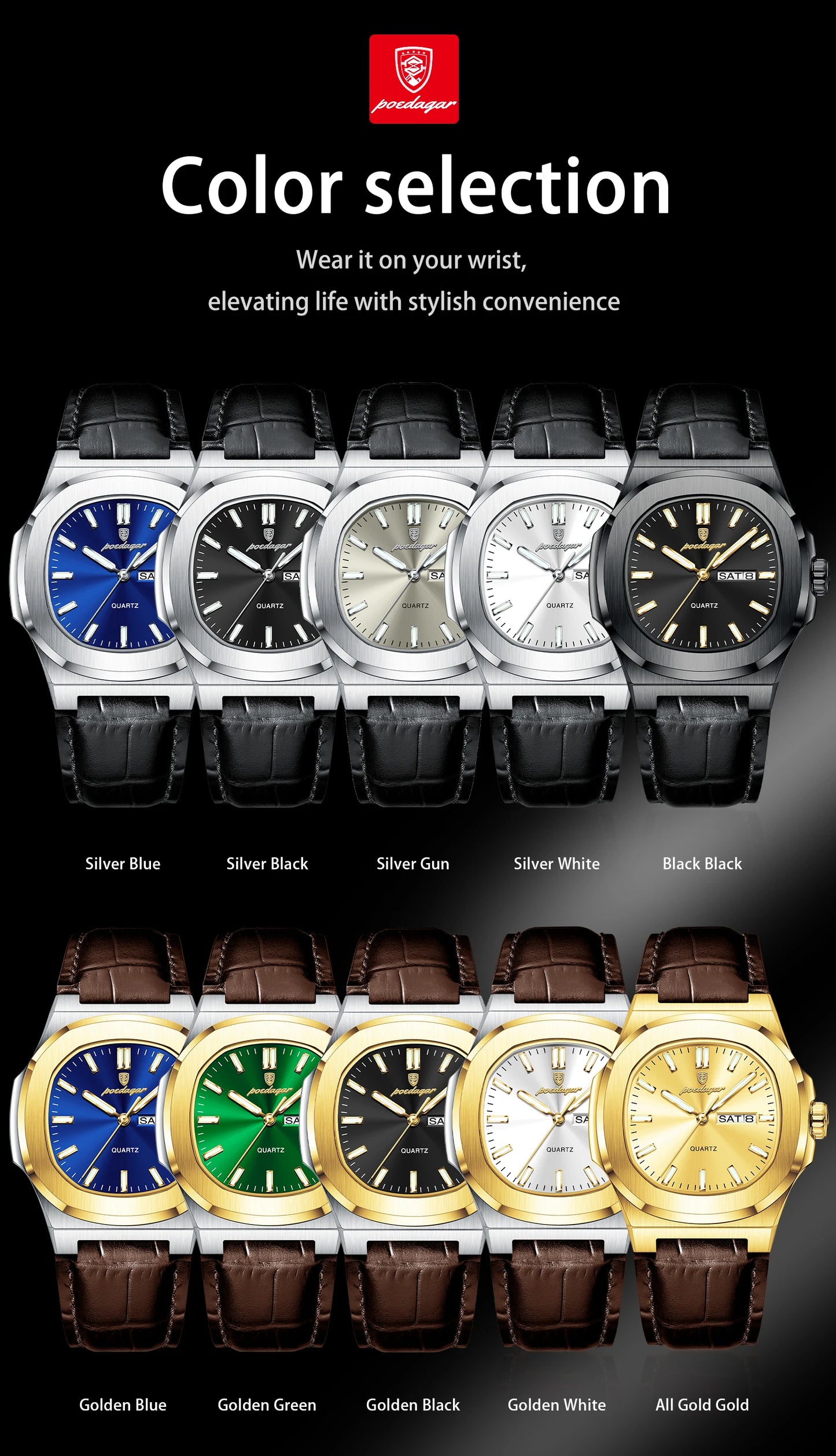 POEDAGAR Square Wristwatch For Men Luminous Waterproof Week Calendar Luxury Man Clock Leather Quartz Fashion Men's Watches Reloj
