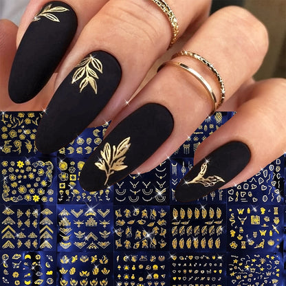 30 Sheets Golden Floral Nail Art Stickers - 3D Self-Adhesive Shimmering Leaf & Flower Designs for DIY Manicure
