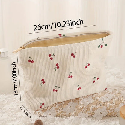 Fashion Cherry Printed Corduroy Makeup Bag Large Capacity Lightweight Zipper Makeup Storage Box Multifunctional Bag with Lining