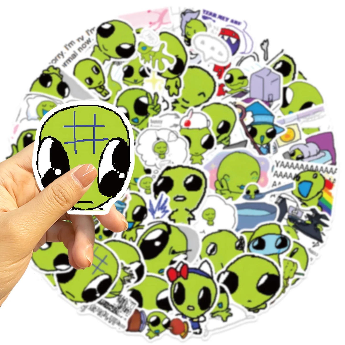 10/52pcs Green Alien Stickers DIY for Scrapbook Phone Guitar Laptop Suitcase Water Bottle Waterproof Decals Sticker Kids Toys