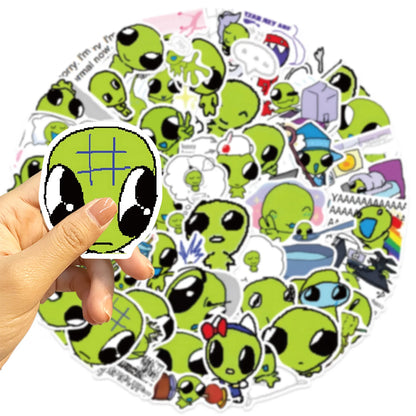 10/52pcs Green Alien Stickers DIY for Scrapbook Phone Guitar Laptop Suitcase Water Bottle Waterproof Decals Sticker Kids Toys