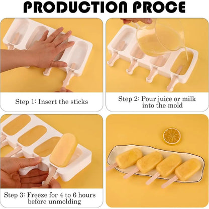 4Pcs Large Silicone Popsicle Molds Set,4 Cavities Oval Cake Pop&Ice Cream Bar Molds,Homemade Ice Making Kit with Wooden Sticks