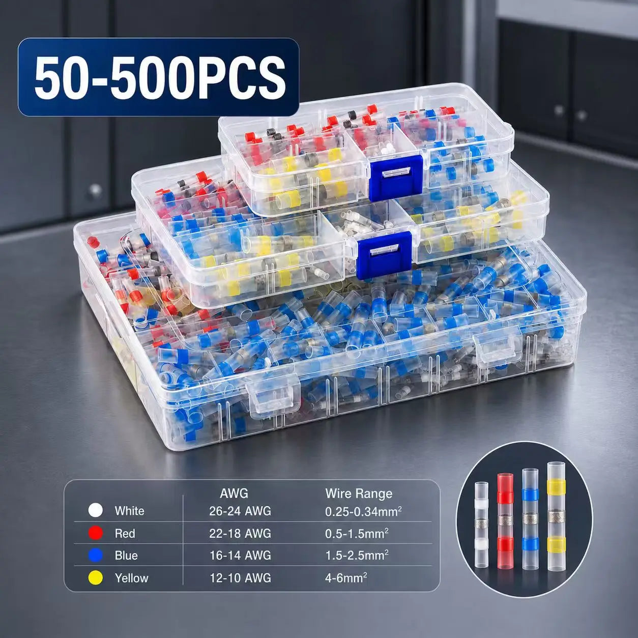 50-500PCS Waterproof Heat Shrink Solder Seal Wire Connectors 26-10 AWG Adhesive Butt Splice Terminal Kit for Cable Repair