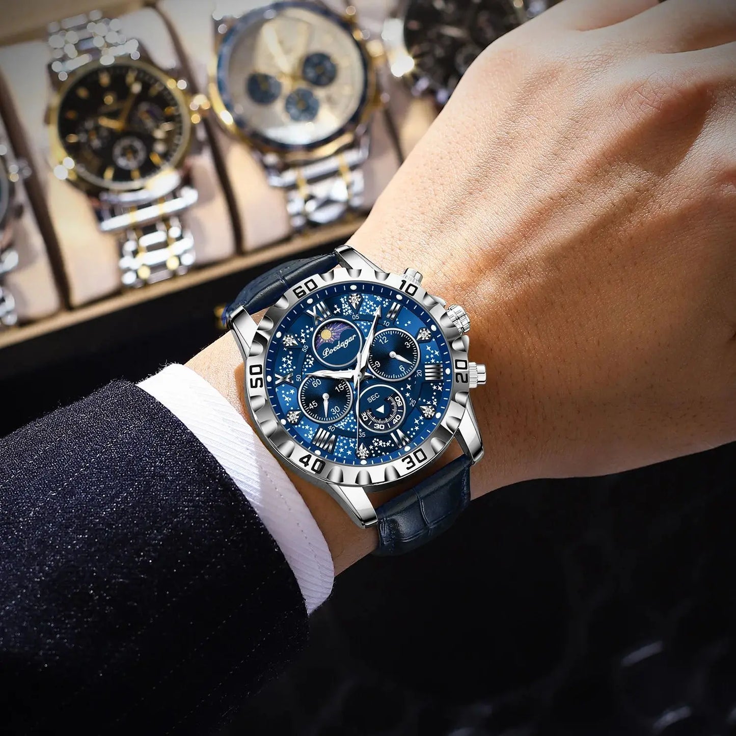 POEDAGAR Top Functional Luxury Man Wristwatch Waterproof Luminous Chronograph Leather Sports Watches For Men Quartz Men's Watch