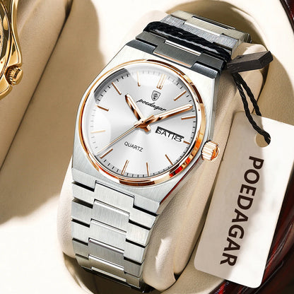 POEDAGAR Elegant Woman's Watch Date Week Waterproof Luminous Ladies Clock Quartz Stainless Steel Fashion Watches For Women Reloj
