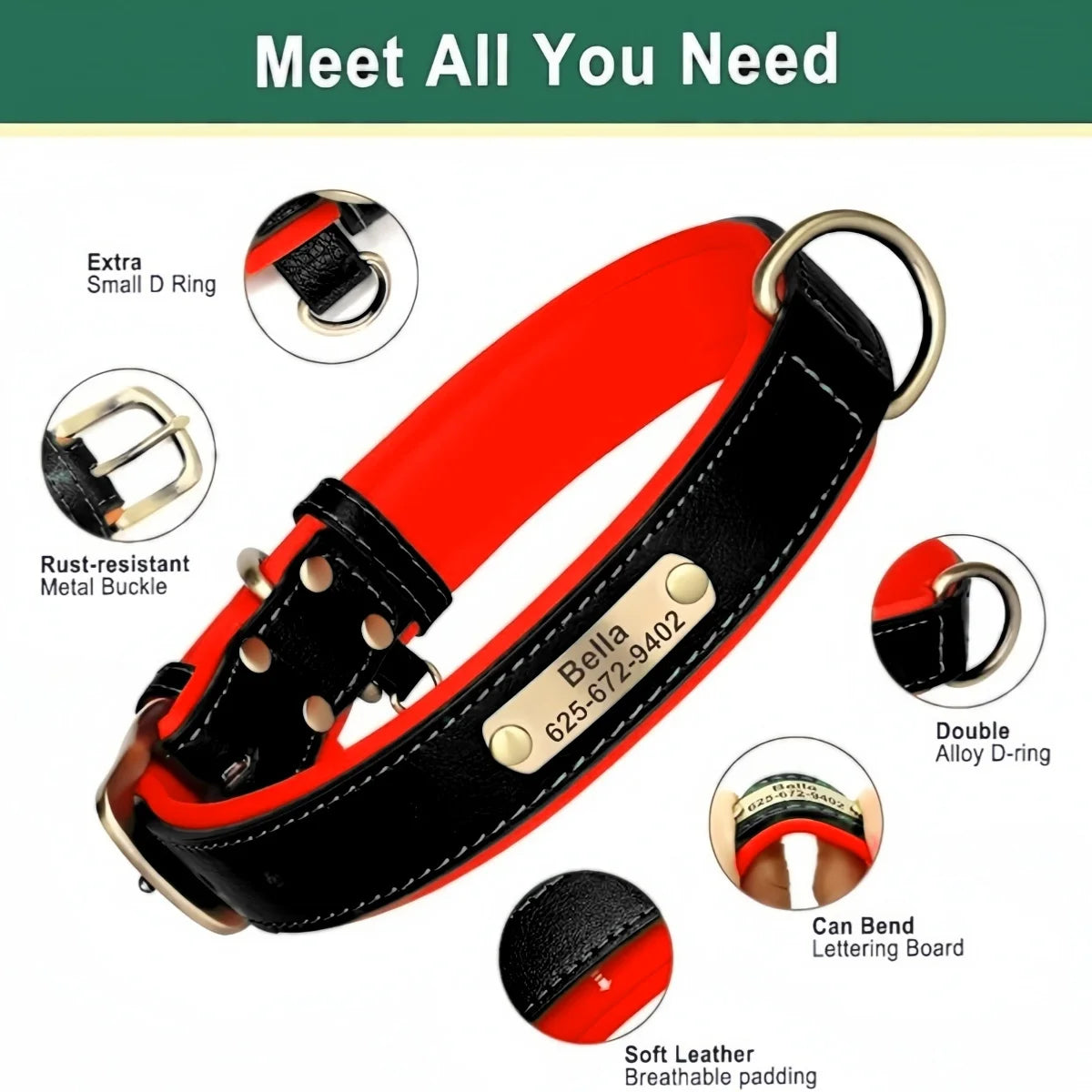 Customizable Leather Dog Collars Personalized Engraved Nameplate, Soft Padded Collar with Custom ID Tag, Adjustable for All Pet