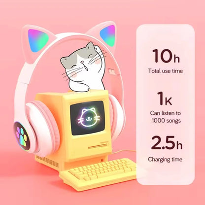 Cute Cat Ear Bluetooth Compatible Headset with LED Wireless Headset Children Girls Stereo Folding Sports Headset with Microphone