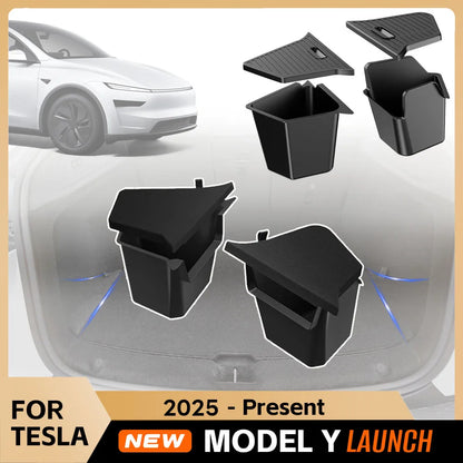 For Tesla Model Y Juniper 2025 Rear Trunk Side Storage Box Cargo Organizer TPE Bin Box Flocking Mat Partition Board Accessories