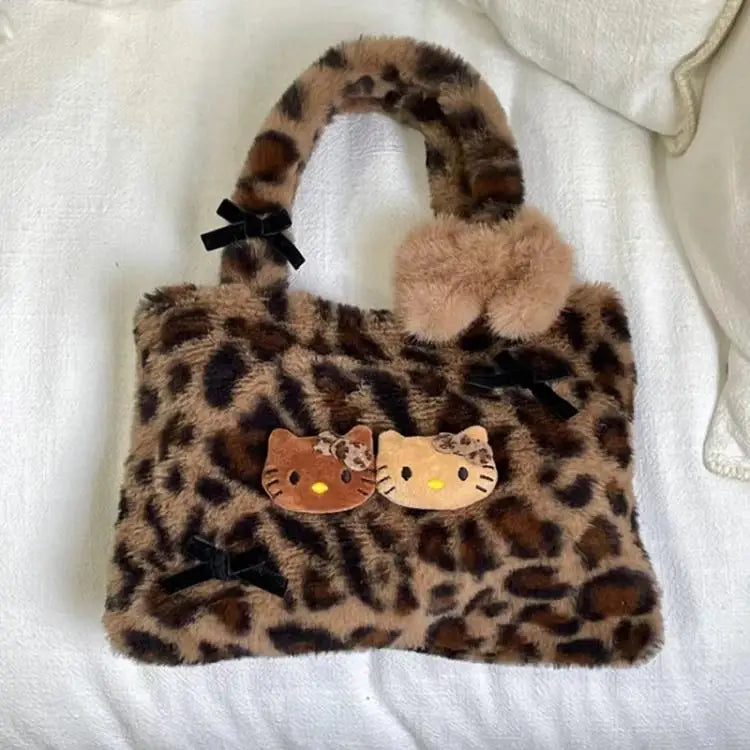 Hello Kitty leopard print plush fashion cute handbag for girls shoulder bag armpit handbag lightweight and durable gift forgirls
