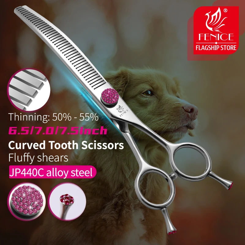 Fenice 7.0/7.5 inch Professional Dog Grooming Shears Curved Thinning Scissors for Dog Face Body Cutiing JP 440C High Quality
