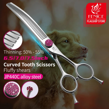 Fenice 7.0/7.5 inch Professional Dog Grooming Shears Curved Thinning Scissors for Dog Face Body Cutiing JP 440C High Quality