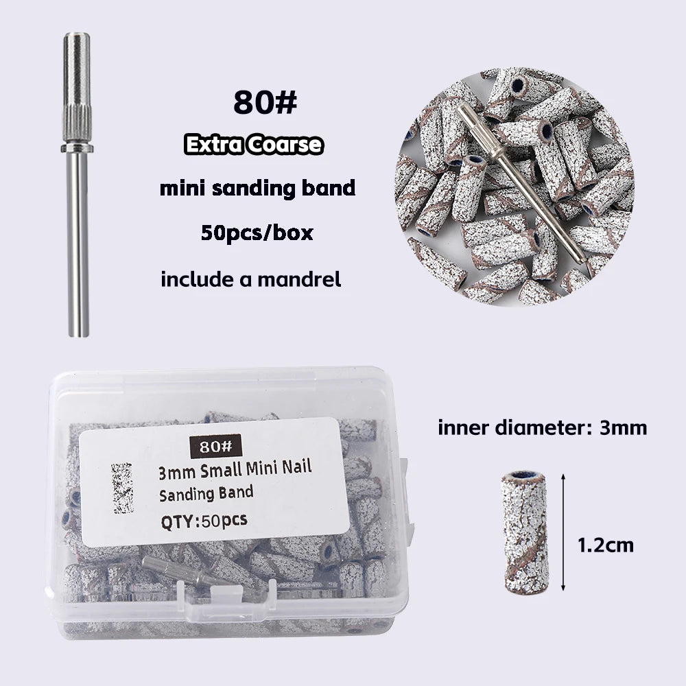 3mm Nail Sanding Bands-80/120/180/240 Grit Mini Nail Drill Bit Electric Nail File Accessory Polishing Manicure Tool 50/100pcs