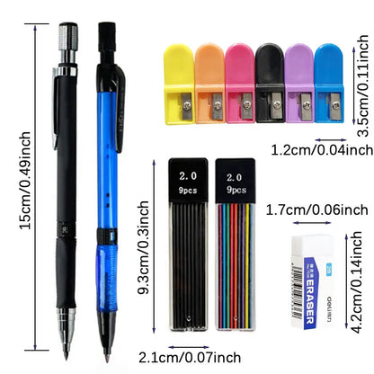 Mechanical Pencil Set 2.0mm with 2B Black/Colors Lead Refill for Writing Sketching Art Drawing Painting School Automatic Pencils