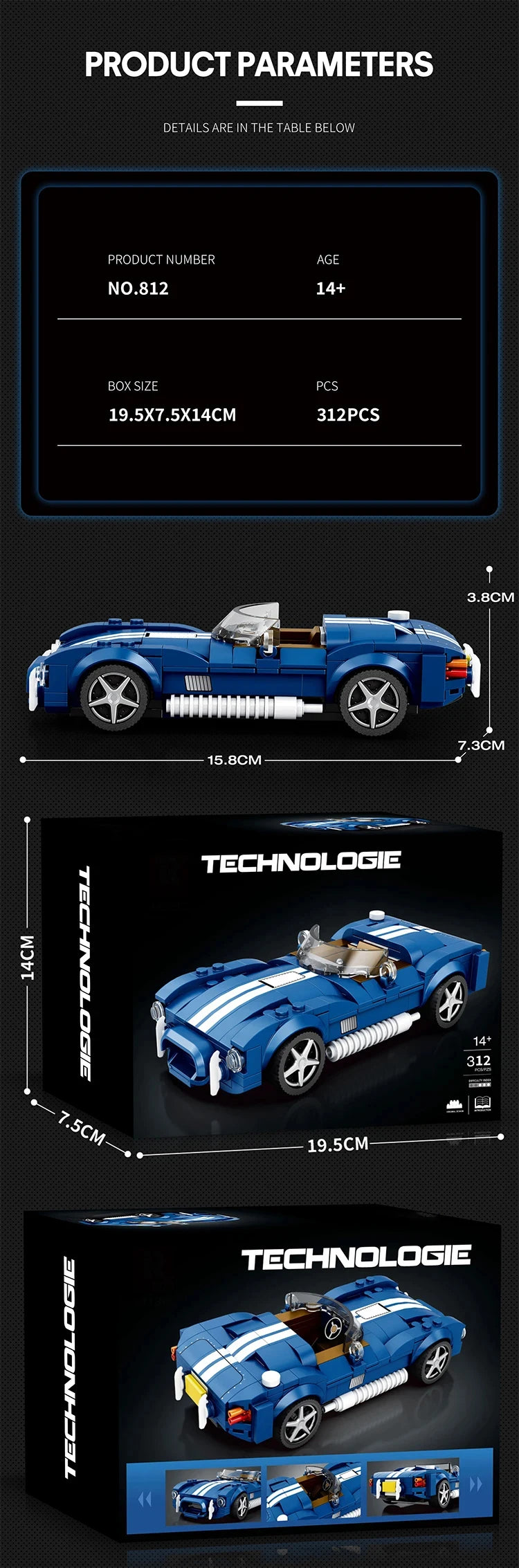 312PCS Blue Sport Car Building Block Set Creative City Vehicle Diy Car Model Bricks Desktop Display Puzzle Toys Holiday Gifts