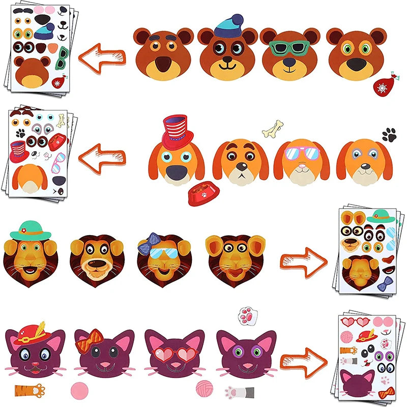12 Sheets Make a Face Stickers Kids DIY Stickers Make-a-Face Animal Stickers Children Recognition Training Education Toy