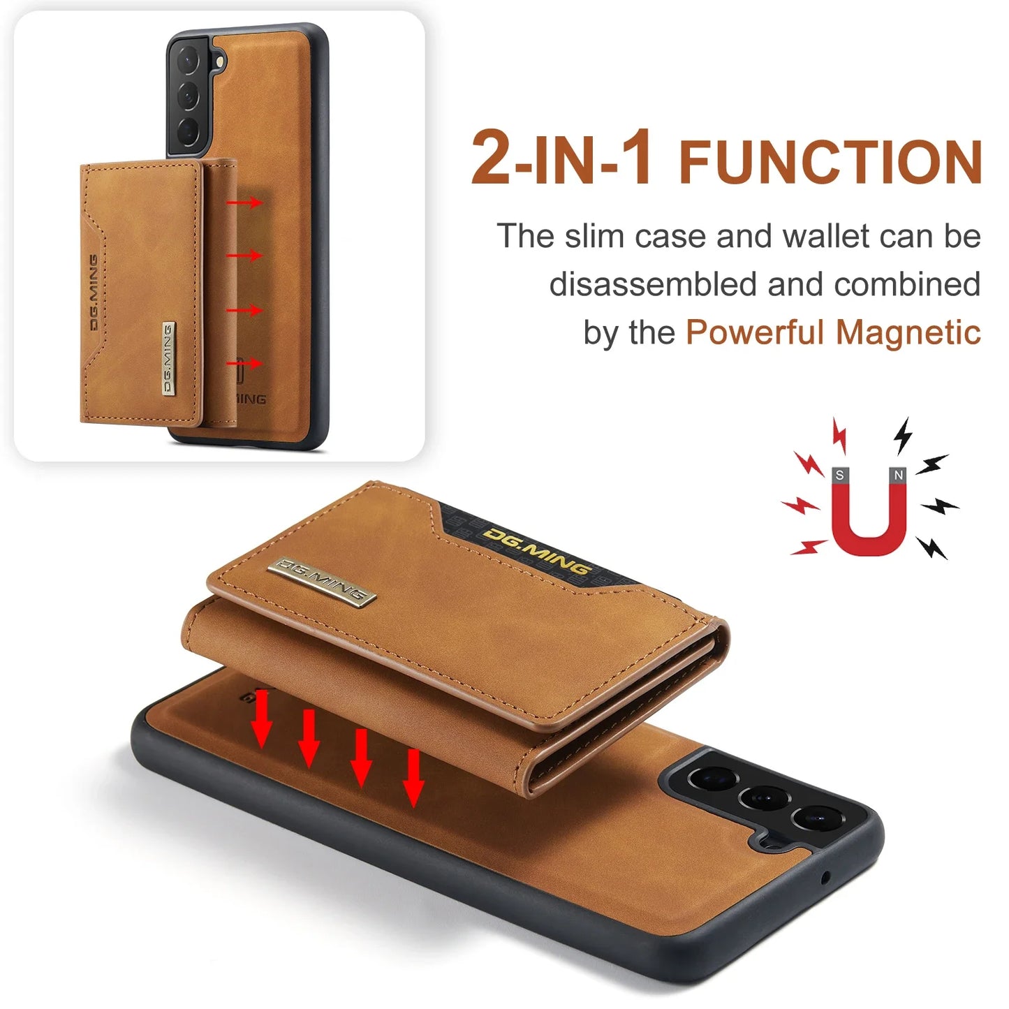 DG.MING Magnetic Detachable PU Leather Wallet Case for Samsung Galaxy S23 Ultra S22 S21 S20 FE A52 A52S A12 A54 A14 Note20 Ultra