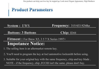jingyuqin EWS Sytem Car Remote Key for BMW E38 E39 E46 X3 X5 Z3 Z4 1/3/5/7 Series 315/433MHz ID44 Chip Keyless Entry Transmitter