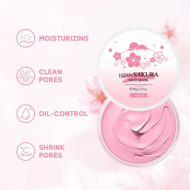 Laikou Sakura Mud Mask Deep Cleansing Oil Control Balance Antioxidan Shrink Pores Remove Blackheads Refreshing Facial Mask90/25g
