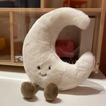 Adorable Smile Face White Moon Yellow Sun Plushie Stuffed Cute Cartoon Weather Plush Toy for Kid Bedroom Decor Sofa Throw Pillow