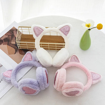Plush Winter Warm Ear Earmuffs Glitter Cat Ear Warmers Heart Fur Hang Ear Cover for Women Girl Earflap Cold Protection Ear Muffs
