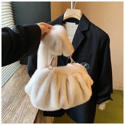 Cute and Versatile Winter Crossbody Bags Mink Fur Wrinkle Relaxed Texture Cloud Shell Bag Women Fashion Tote Shoulder Bag