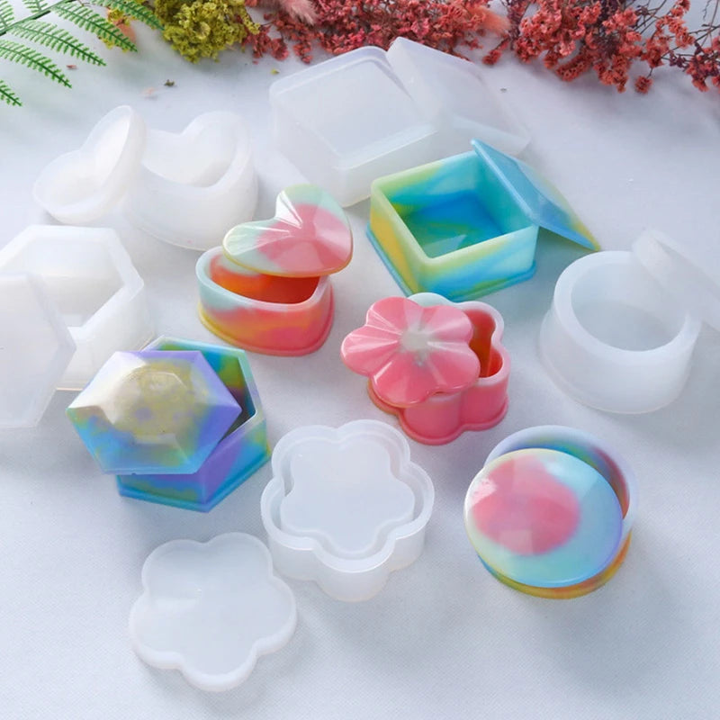 DIY Silicone Jewelry Box Mold Heart Hexagon Flower Storage Boxs Molds with Lid Epoxy Resin Mould Casting Crafting Macking Tool
