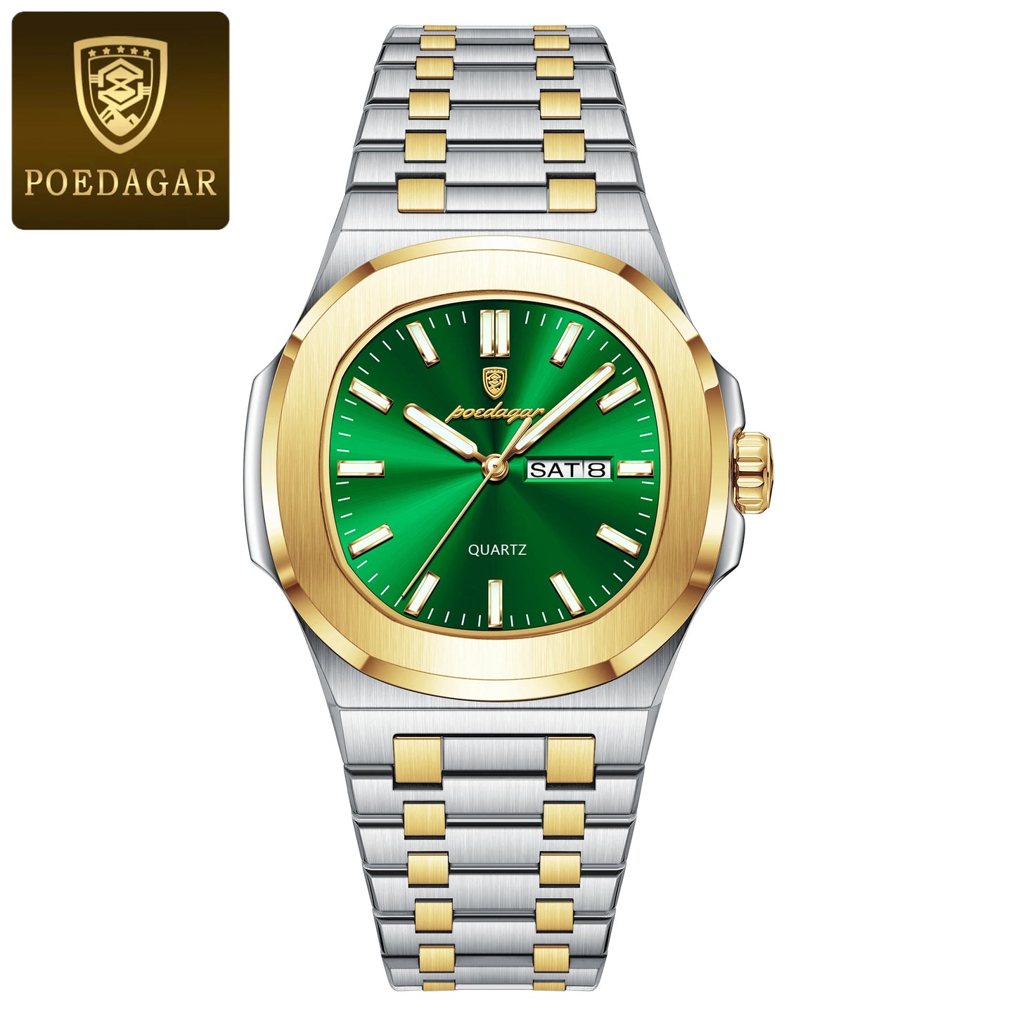 POEDAGAR Square Luxury Men's Wristwatch Luminous Waterproof Stainless Steel Male Clock Week Date Original Quartz Watches For Men
