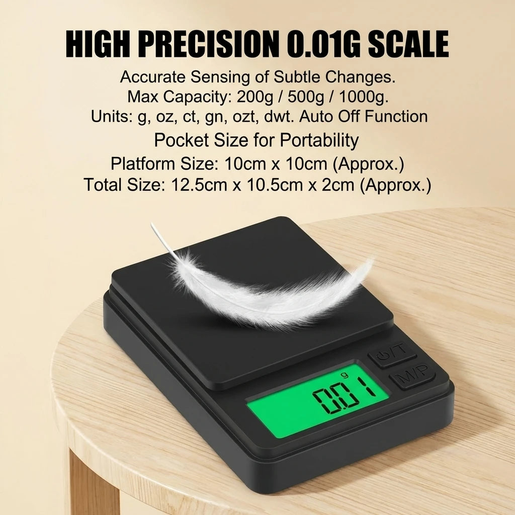 Digital Precision Pocket Scale 1000g X 0.01g with Backlit LCD Miniature Food Jewelry Ounces/Grains Measurement for Travel