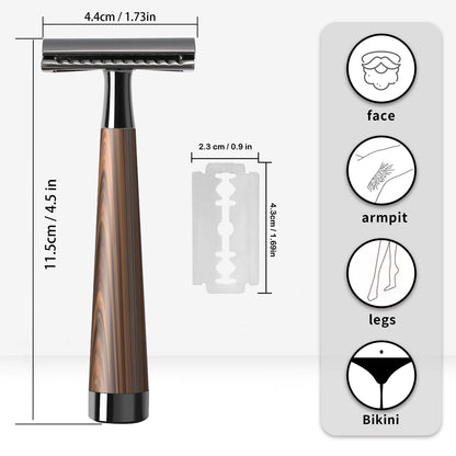 Double Edge Safety Razor, Wood Grain Handle Handle Razor with 5 Stainless Steel Blades, Heavy Duty Eco-Friendly Razor F