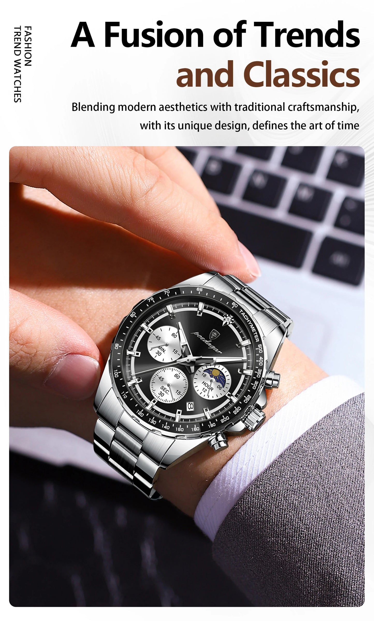 POEDAGAR Business Brand Man Wristwatch Waterproof Stainless Steel Luminous Men Watch Chronograph Date Men's Quartz Watches Reloj