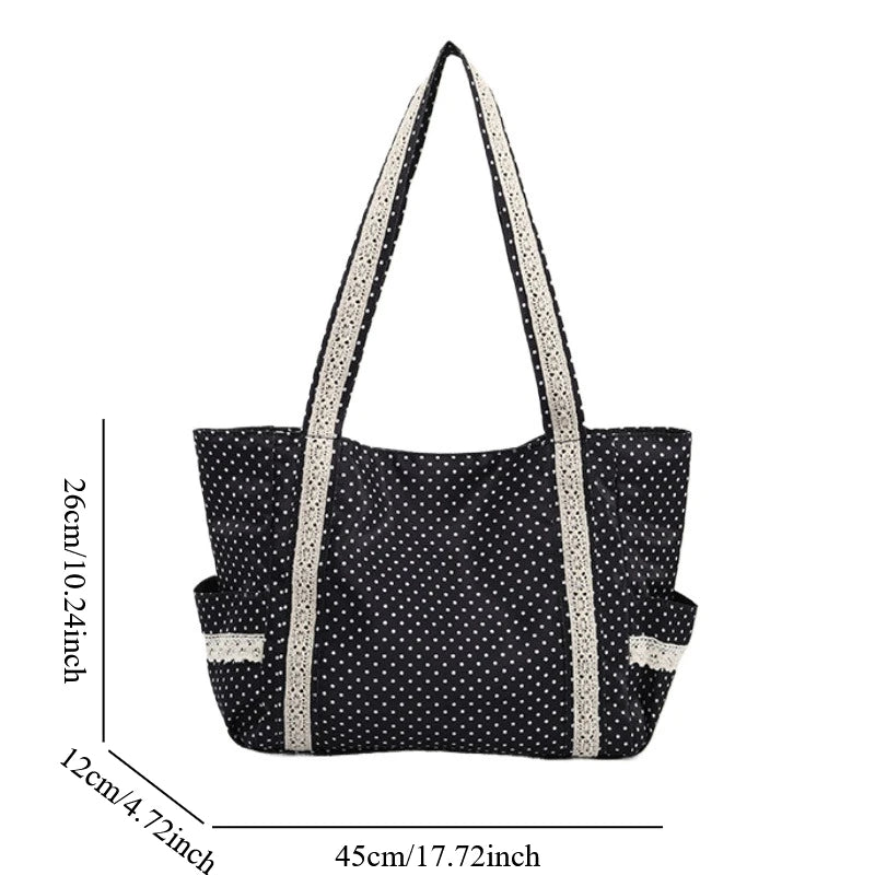 Korean Vintage Canvas Shoulder Bag Women Cute Lace Large Capacity Tote Bag Multi Pocket Handbag Fashion Round Dot Underarm Bag